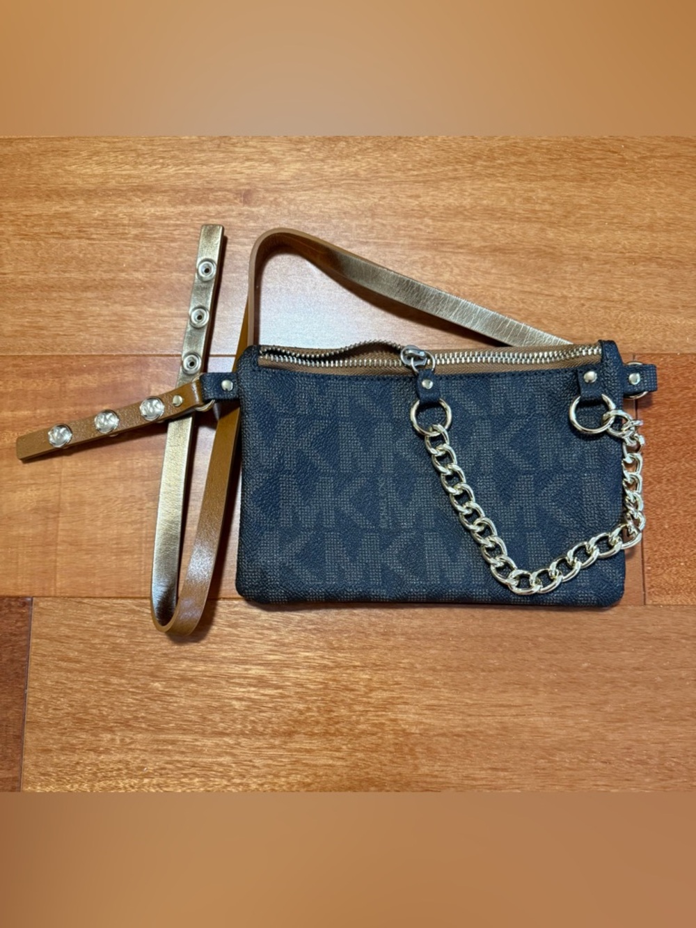 Michael Kors Black Logo Crossbody with Gold Chain and Tan Strap mini bag